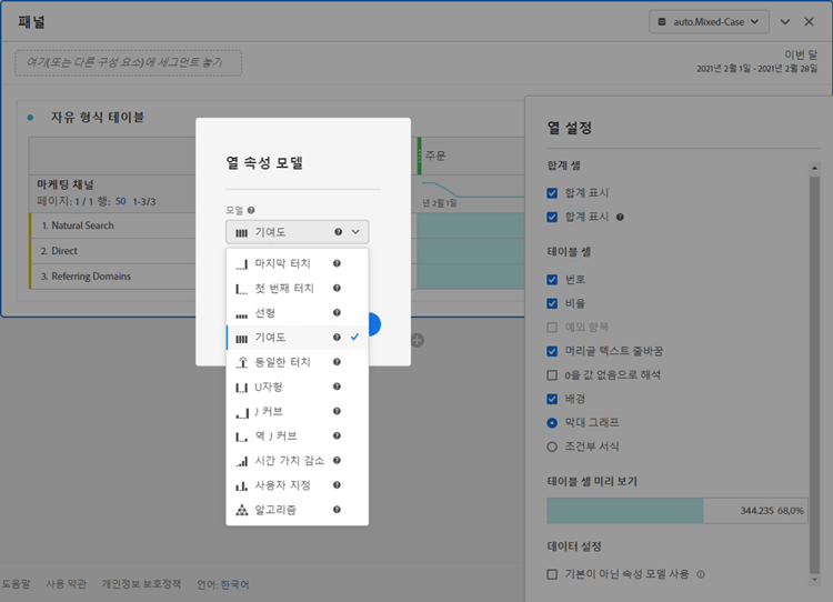 선형을 표시하는 열 기여도 분석 모델 옵션입니다.