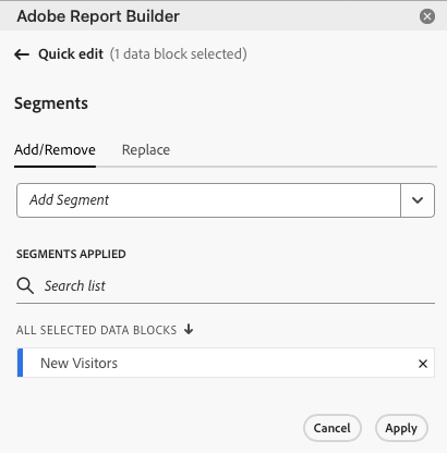 세그먼트 추가 필드 및 적용된 세그먼트 목록을 표시하는 세그먼트 패널
