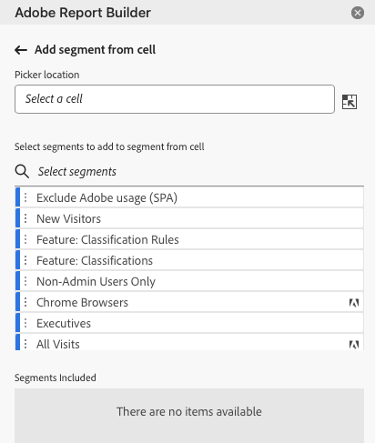 포함된 필터를 표시하는 셀 창에서 세그먼트 추가.