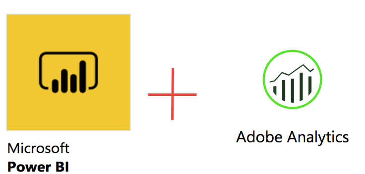Microsoft Power BI 아이콘과 Adobe Analytics 아이콘 다이어그램.