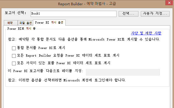 형식이 지정된 표를 모두 Power BI 데이터 세트로 게시하면서 예약 마법사 - 고급 게시 옵션을 표시하는 스크린샷.