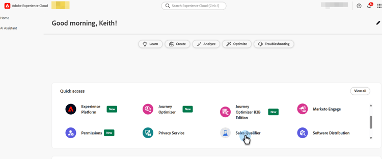 Adobe Experience Platform 홈 페이지