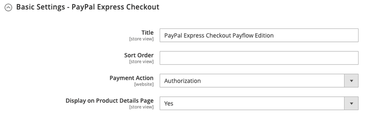 PayPal Express 체크아웃 기본 설정