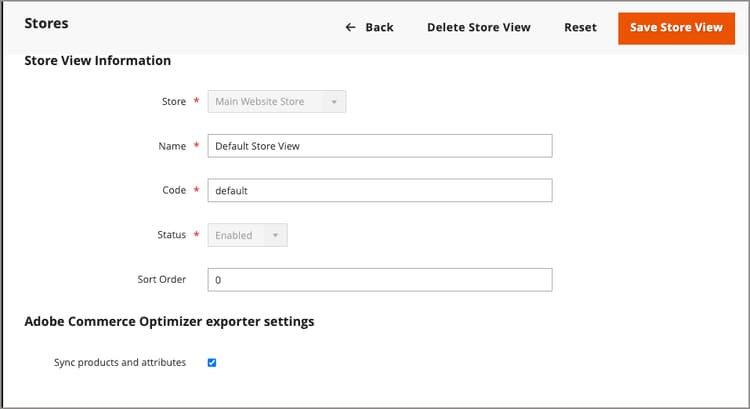 스토어 보기 - Adobe Commerce Optimizer 내보내기 설정으로 기본 보기 편집