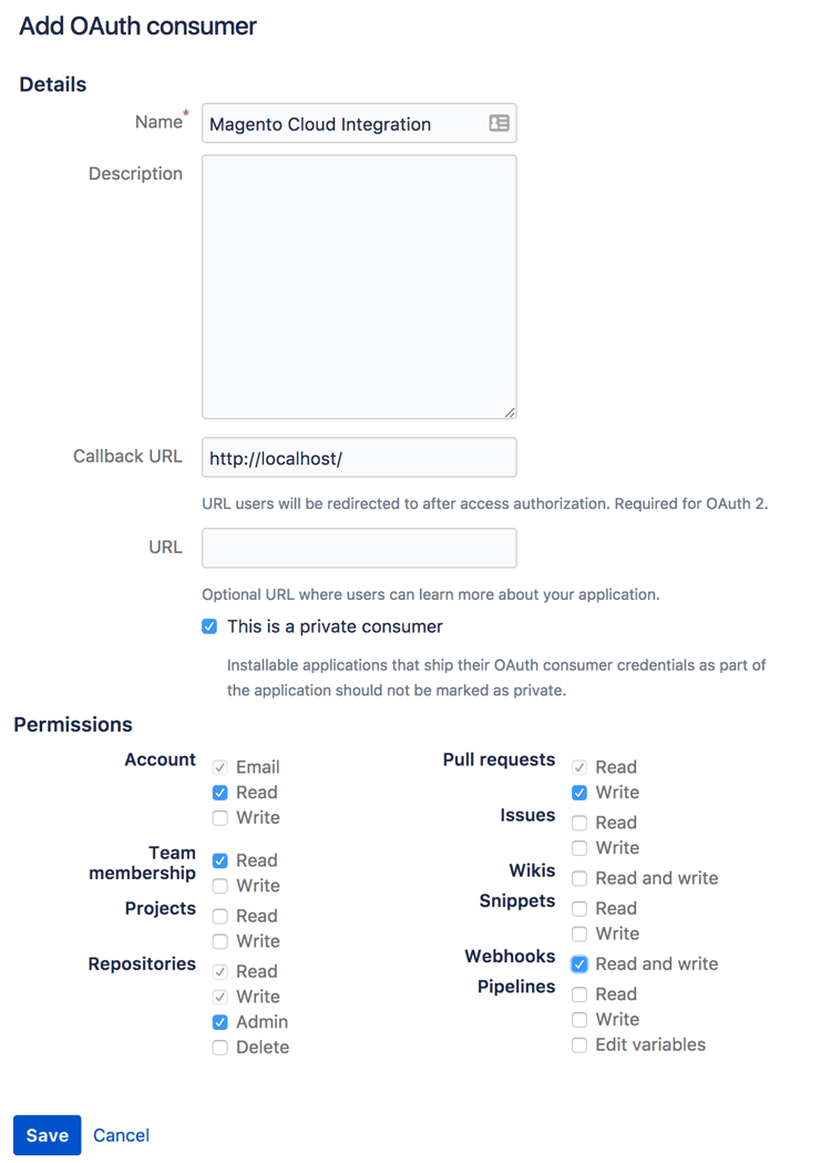 Bitbucket OAuth 소비자 구성