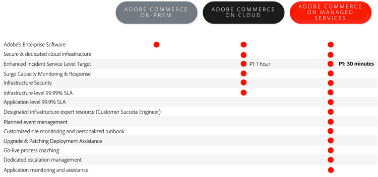 Managed Services Adobe과 다른 Adobe Commerce 구현 옵션의 비교를 보여 주는 인포그래픽