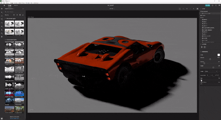 3D 조명의 크기가 CGI 자동차 모델에 의해 발생한 그림자 부드러움에 영향을 미치는 방법의 예시