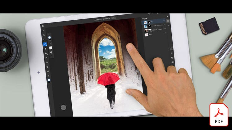 iPad 및 Adobe에서 Photoshop을 사용하여 합성 이미지 만들기 Stock 이미지
