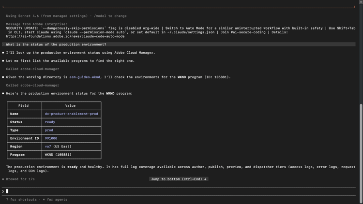Cloud Manager에서 프로덕션 환경 상태를 표시하는 AI 클라이언트