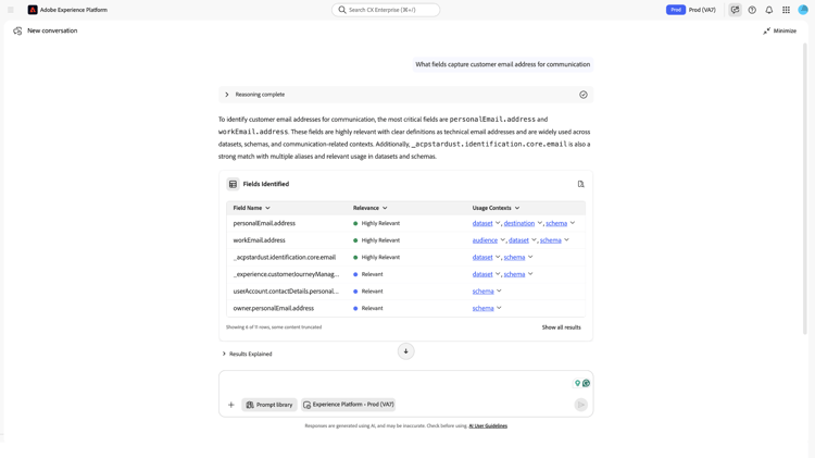 AI Assistant에서 확인된 필드 패널로서, 관련성 레이블 및 사용 컨텍스트 링크가 있는 후보 필드 행을 표시합니다.