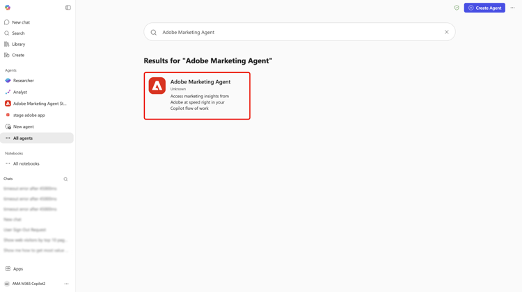 에이전트 갤러리의 Adobe Marketing Agent 카드 또는 검색 결과.