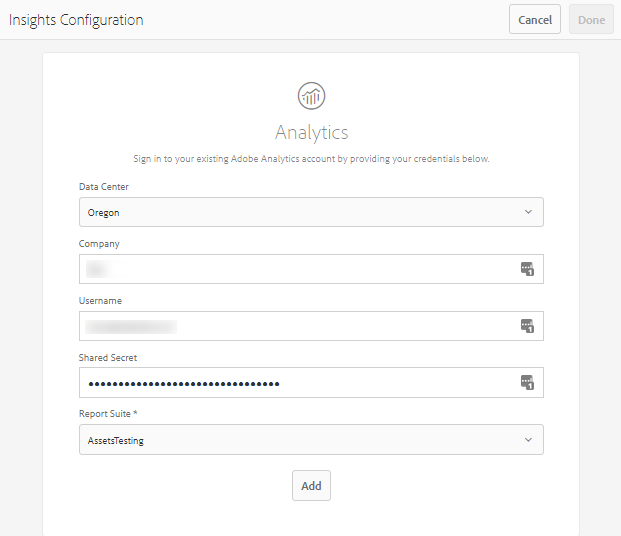 Experience Manager에서 Assets Insights용 Adobe Analytics 구성