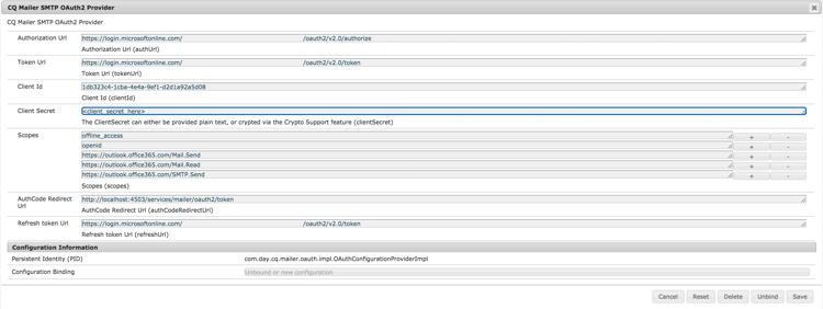 완료된 CQ Mailer SMTP OAuth2 구성