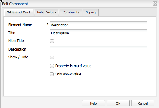 제목 및 텍스트 탭(편집 대화 상자); 설명 제목이 추가되었습니다.