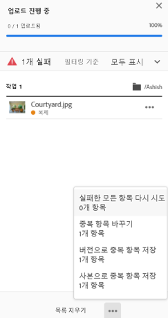 실패한 모든 업로드 일괄 관리