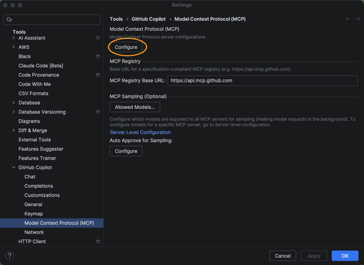 GitHub Copilot 아래의 MCP(모델 컨텍스트 프로토콜) 구성을 표시하는 JetBrains 설정 대화 상자입니다.