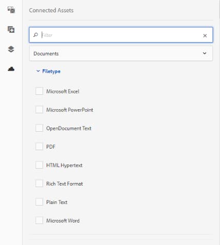 원격 DAM에서 자산을 검색할 때 문서 유형 및 이미지를 필터링하는 옵션