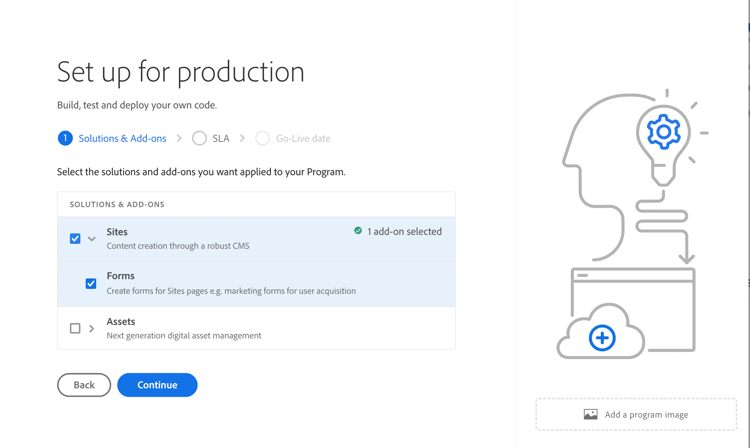프로덕션 프로그램을 생성할 때 솔루션 및 추가 기능의 Forms 추가 기능