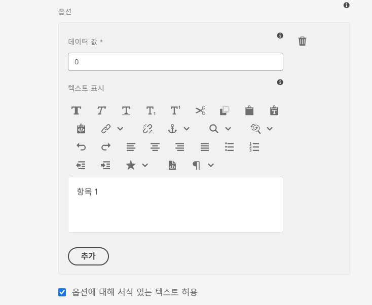 옵션에 대해 서식 있는 텍스트 지원
