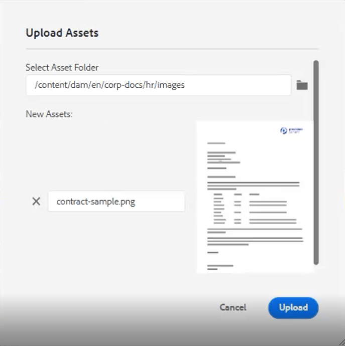 Assets 업로드 대화 상자