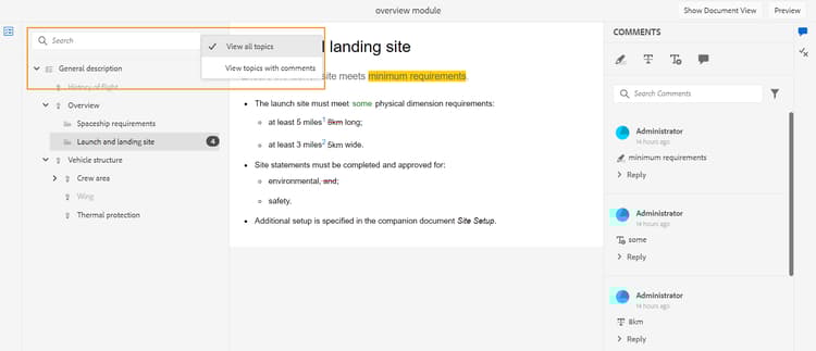 검토 주제 패널에서 검색