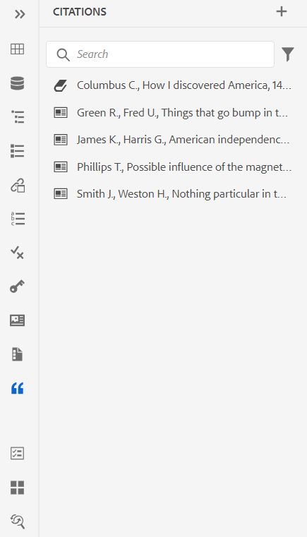 패널에 나열된 인용 항목