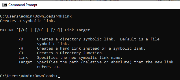 mklink 명령의 도움말 출력을 표시하는 Windows 명령 프롬프트 그림