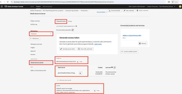 Adobe Developer Console OAuth 서버 간 자격 증명