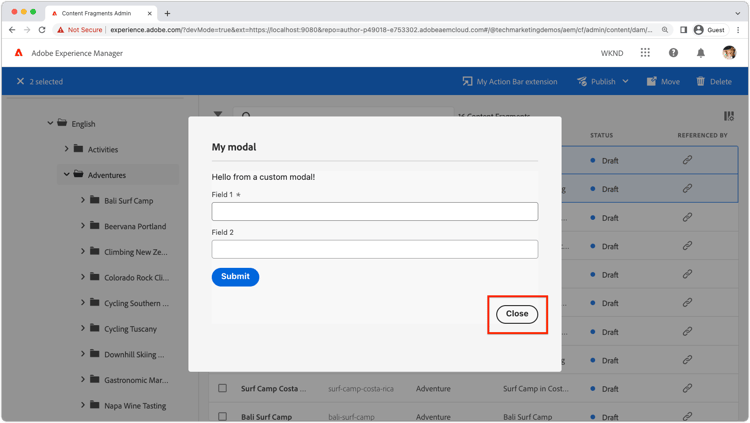 AEM UI 확장 모달 닫기 단추