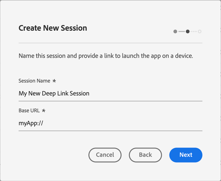 세션 이름 및 기본 URL 입력 필드가 표시됩니다.