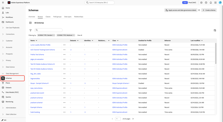 왼쪽 탐색에서 스키마 탭이 강조 표시된 Adobe Experience Platform UI입니다.