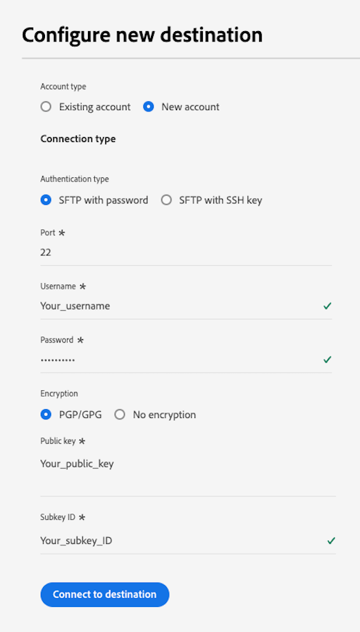 암호가 있는 SFTP를 사용하여 대상에 인증하는 방법을 보여 주는 샘플 스크린샷