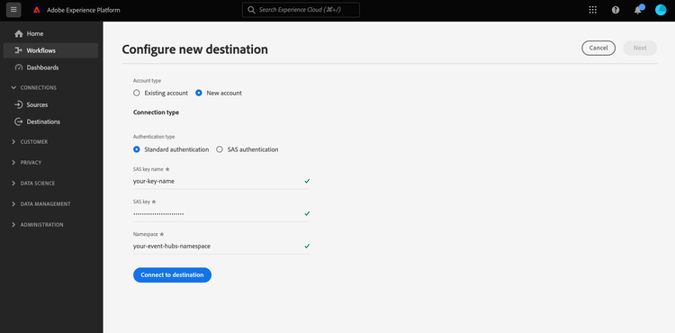 Azure Event Hubs 표준 인증 세부 정보에 대해 완료된 필드를 표시하는 UI 화면 이미지