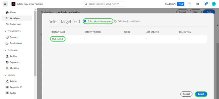 OutreachId를 사용한 Target 매핑을 보여 주는 플랫폼 UI 스크린샷