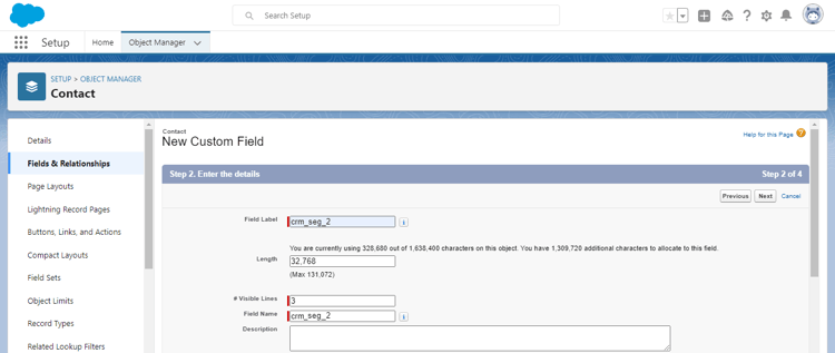 사용자 정의 필드 만들기, 2단계를 보여주는 Salesforce UI 스크린샷 - 사용자 정의 필드에 대한 세부 정보를 입력합니다.