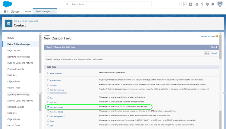 사용자 지정 필드 만들기, 1단계 - 데이터 형식을 선택하는 방법을 보여 주는 Salesforce UI 스크린샷
