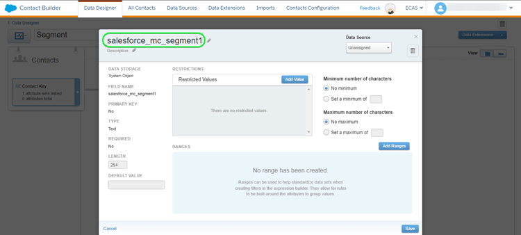 특성을 표시하는 Salesforce Marketing Cloud UI 스크린샷입니다.