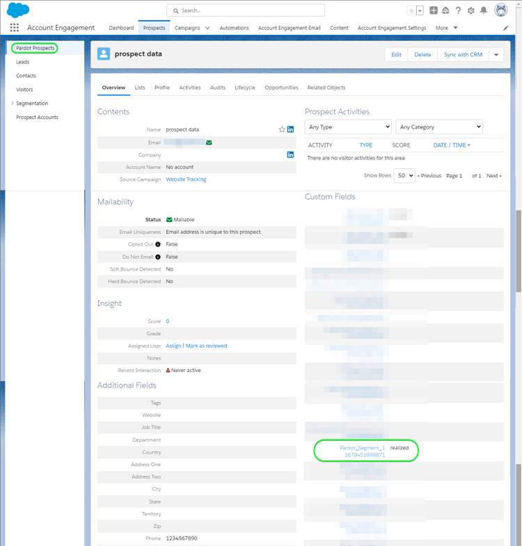 선택한 Prospect 페이지를 표시하는 Salesforce UI 스크린샷, 사용자 지정 Prospect 필드가 대상자 상태로 업데이트됩니다.