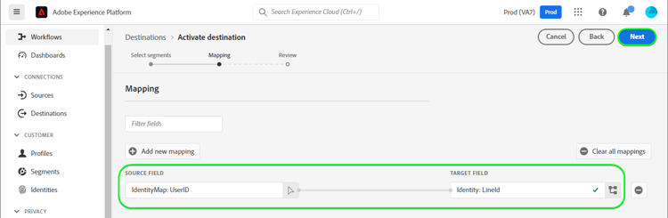 대상 ID에 대해 LINE 사용자 ID를 사용할 때 Target 매핑을 보여 주는 Platform UI 스크린샷 예