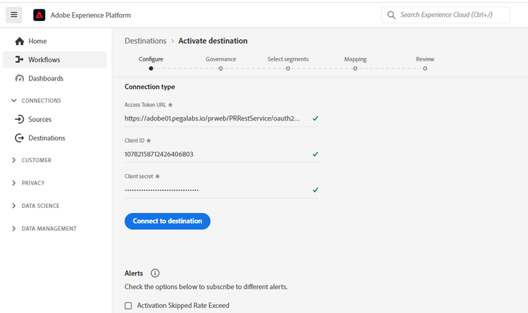 클라이언트 자격 증명 인증이 있는 OAuth 2를 사용하여 페가 CDH 대상에 연결할 수 있는 UI 화면의 이미지