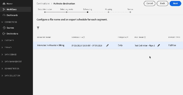 활성화 워크플로의 예약 단계에서 파일 이름 추가 옵션에 대한 화면 기록입니다.