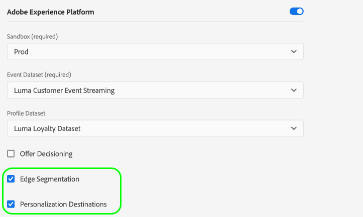 Edge 세분화 및 Personalization 대상이 강조 표시된 데이터스트림 구성!