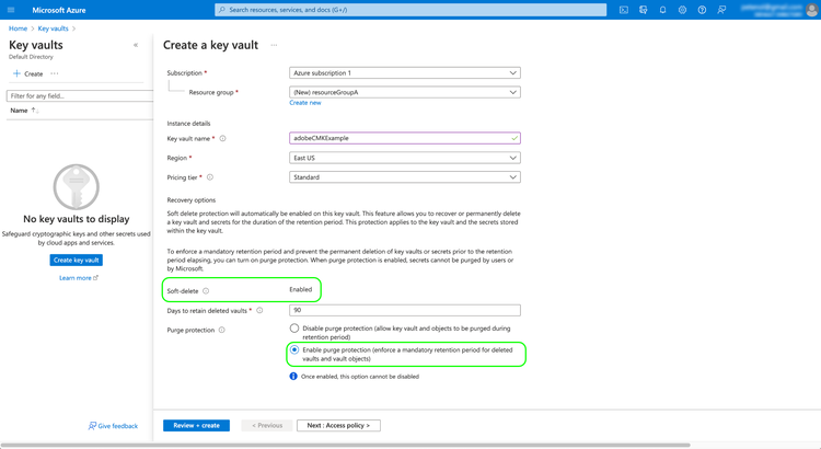일시 삭제 및 제거 보호가 강조 표시된 Microsoft Azure Create a Key Vault 워크플로우입니다.