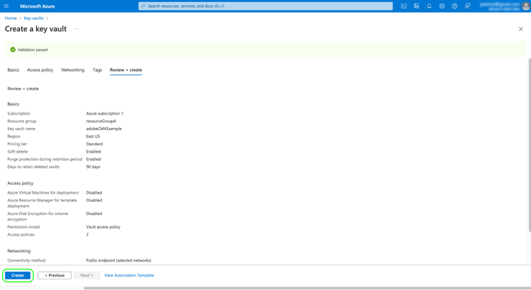 Microsoft Azure 키 자격 증명 모음 검토 및 만들기 페이지의 [만들기]가 강조 표시되어 있습니다.