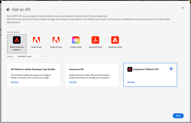 Experience Platform API를 선택합니다.