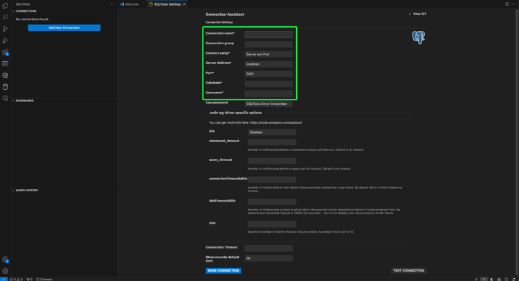 여러 설정이 강조 표시된 연결 도우미 작업 영역입니다.