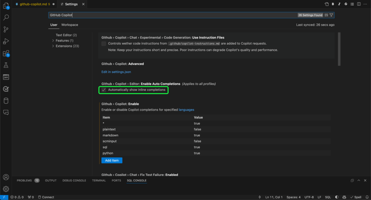 자동 완성 사용 확인란이 선택되어 있고 강조 표시된 GitHub Copilot의 설정 패널입니다.