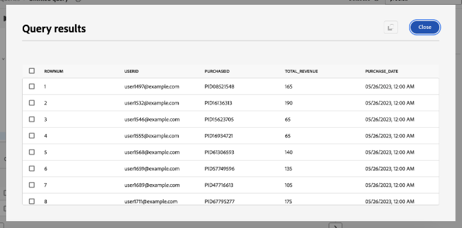 추출된 키 필드에 대한 쿼리 결과 대화 상자입니다.