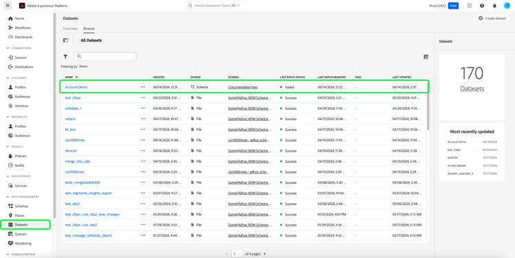 왼쪽 탐색에서 강조 표시된 데이터 세트가 있는 Experience Platform UI 데이터 세트 대시보드.