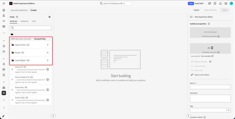 Audience Builder 내에서 사용자 지정 개체가 강조 표시됩니다.